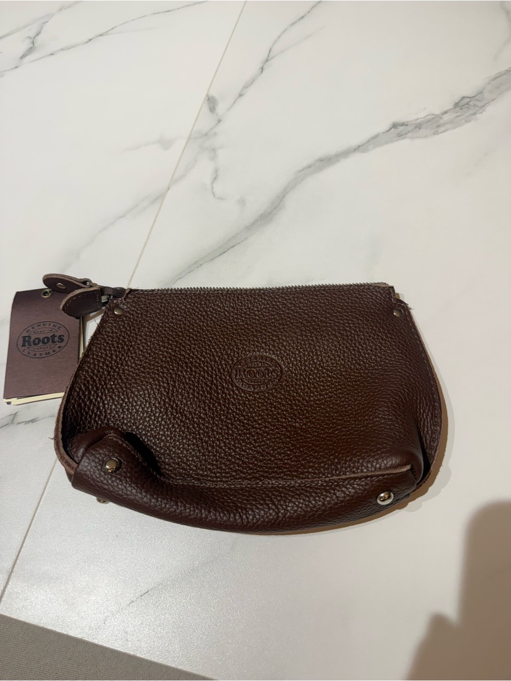 Roots Dark Brown Pebbled Leather Wristlet